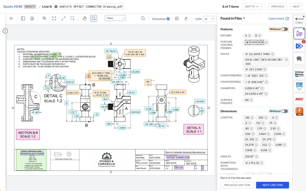 Print with highlights over all critical GD&T features, callouts, and critical requirements along with the "Found in Files" panel showing a list of findings.