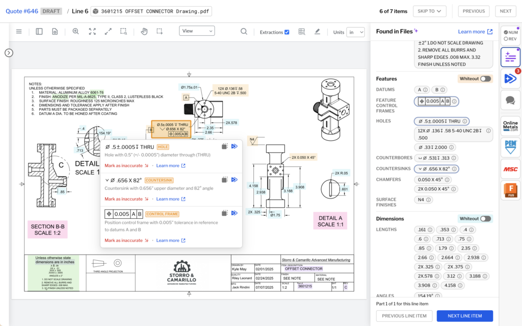 A stacked feature callout including a thread, countersink, and control frame, newly labeled in the popup on the print. Accompanied by a new found in files panel showing a list of found features and dimensions.