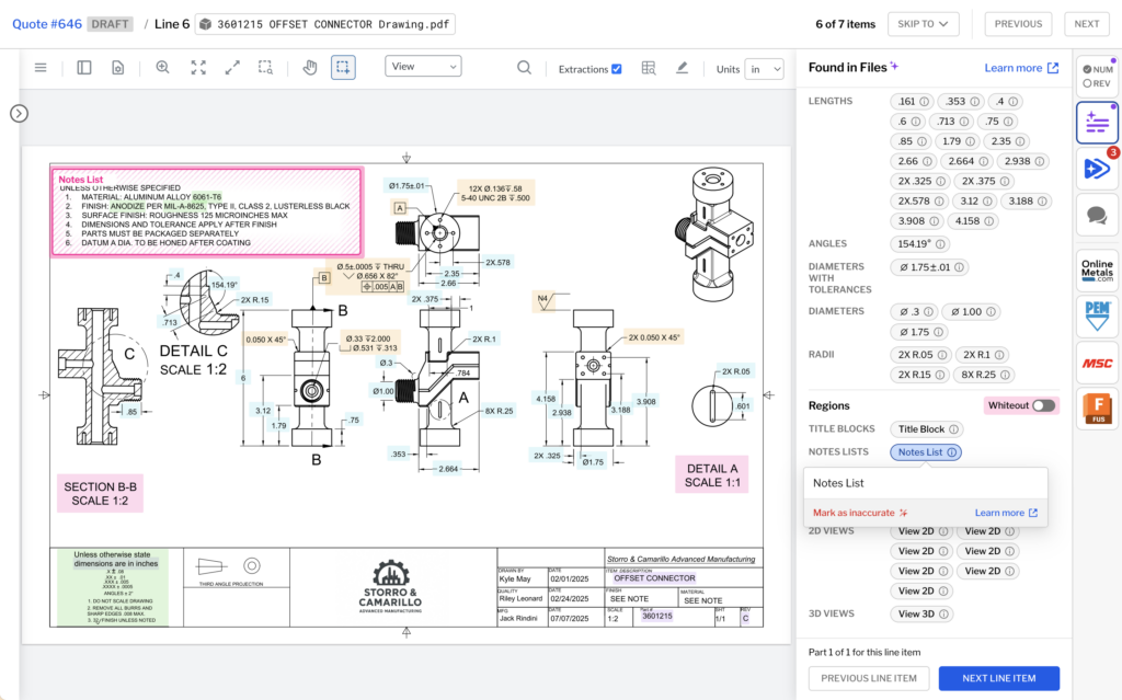 A print with the notes list region spotlighted, along with a notes list pill that was clicked on in the "Found in files" panel on the right (which also shows a collection of dimensions & features found in the print).