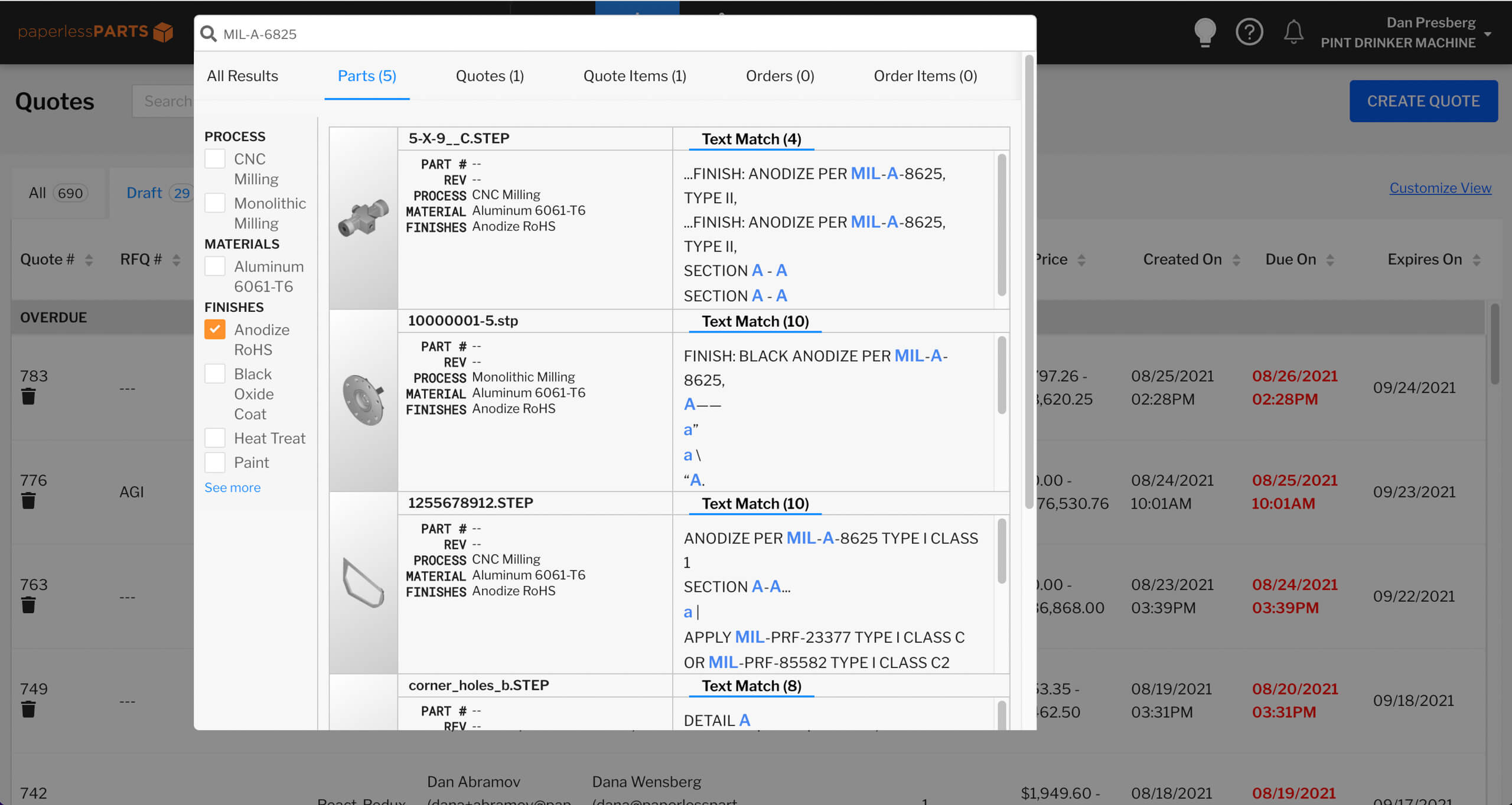 Paperless Parts search