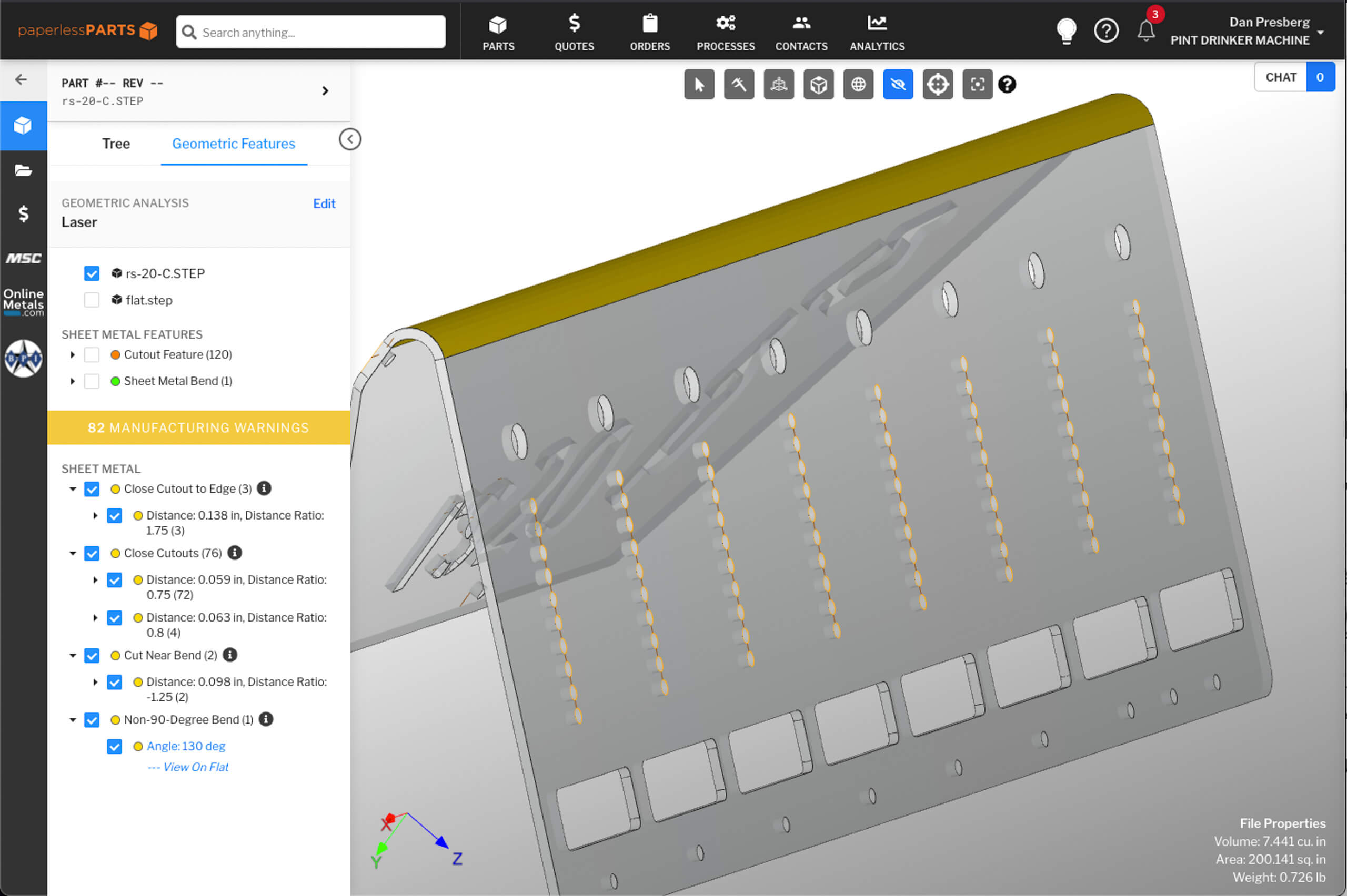 Looking at manufacturability warnings on a sheet metal part in Paperless Partss