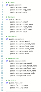 A screenshot of a code sample indicating how to access new fields for quote, contact, estimator, salesperson, and facility in P3L.
