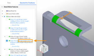 A screenshot of the part viewer with interrogation results next to a flange in a sheet metal part, with arrows pointing to both the flange length in the interrogation results and the flange feature on the model.