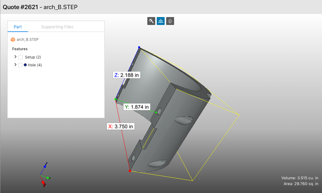 Bounding box of the part in the Paperless Parts Viewer