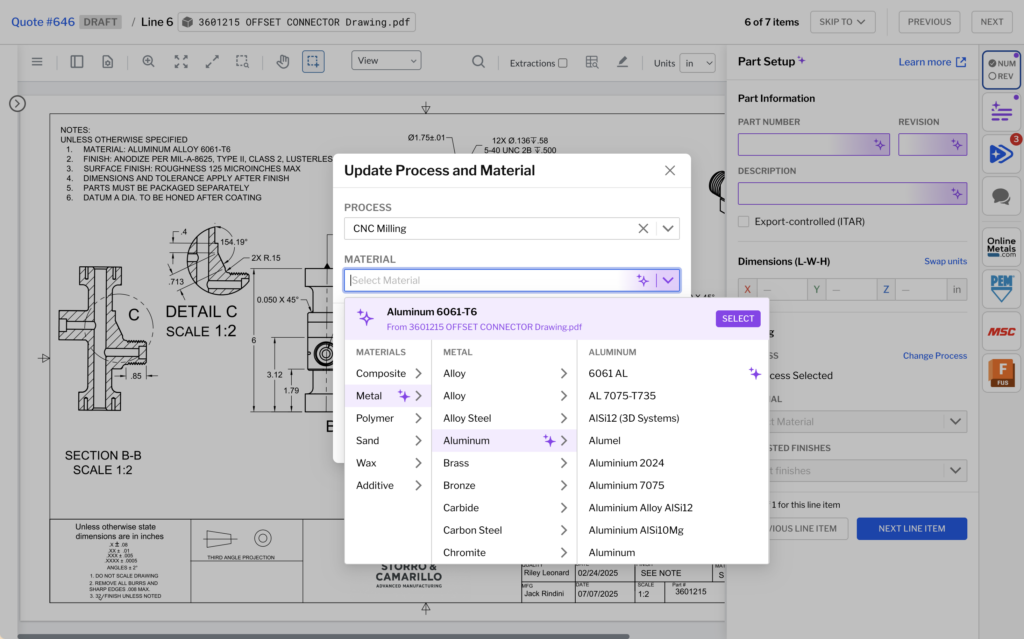 Material suggestions in the viewer, in a dialog for setting process, material, and finish.