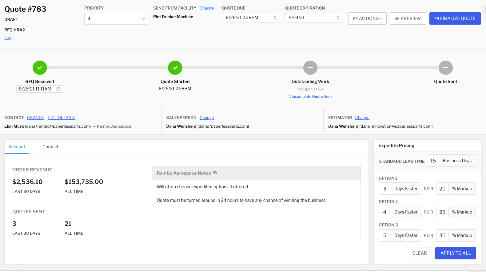 The sales and CRM functionality in Paperless Parts quoting software for manufacturing