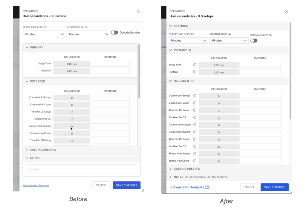 Before/after of higher-density operations drawer UX update.