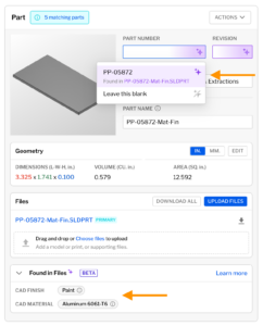 A screenshot of the part section in the build-a-quote page with suggestions and extractions for part number, revision, material and finish extracted/suggested solely from a CAD model.